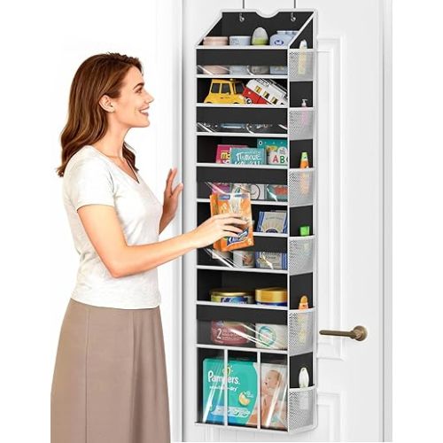 Over The Door Organizer Hanging - 6 Shelf Over Door Organizer with 6 Clear Front & 12 Side Pockets - 50LB Load Behind Storage for Closet Bedroom Bathroom Nursery Baby Essentials(Black)