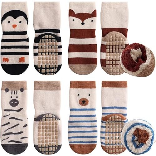 Simpeak Kids Socks, 4 Pairs Non Slip Kids Toddler Winter Socks with Grips Children Gift Warm Sock for Boys Girls, 1-3 Year