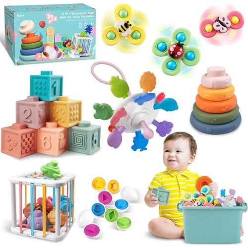 Plunack 6 in 1 Montessori Baby Toys for 6-12 Months — Stacking Blocks & Rings, Pull String, Suction Cup Spinner, Matching Eggs Shape Sorter & Sensory Bin, Infant Developmental Gift Set
