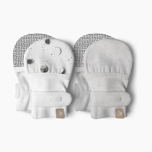 Goumi Kids Stay-On Baby Mitts (2 pack) - Many Moons + Storm Grey, 0-3 M
