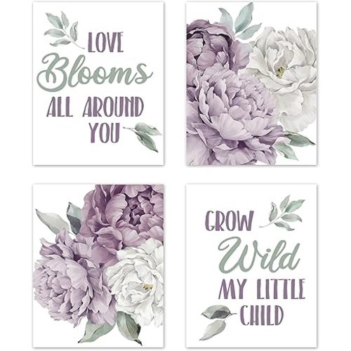 Sweet Jojo Designs Lavender Purple Boho Shabby Chic Floral Girl Wall Art Prints Room Decor Baby Nursery Kids Lilac Off White Ivory Cream Bohemian Vintage Garden Watercolor Flower Nature Sage Green