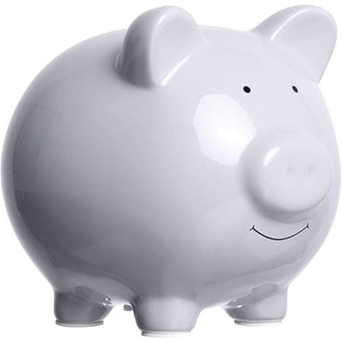 Pearhead Large Ceramic Piggy Bank, Ideal for Boys and Girls, Kids Money and Coin Bank, Perfect Baby Boy Nursery Décor, Great Gift and Newborn Keepsake, Solid Gray