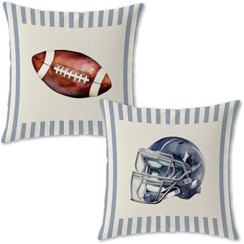 Vintage Blue Striped Football Pillow Covers 18x18, Football Lover Player Fan Gifts, Footballs Helmet Decorative Throw Pillow Covers for Couch Sofa Bedroom Sports Room, Set of 2