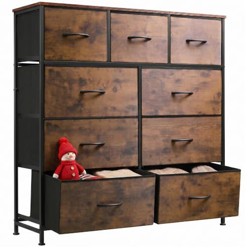 WLIVE Tall Dresser for Bedroom, 9 Drawer Chest of Drawers, Rustic Brown | 9 roomy fabric drawers, Tall storage design, Bedroom or closet use, Sturdy steel frame, Smooth wood tabletop