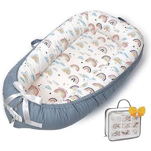 Baby Lounger-Breathable and Soft Organic 100% Cotton, Portable Infant Lounger with Removable Lounger Cover, Baby Lounger for Newborn - Rainbow