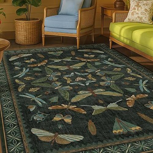 Dark Green Area Rugs 5x7 for Living Room - Fairy Fantasy Moss Rugs for Dining Room Table, Bedroom, Whimsical Insect Boho Moth Décor, Washable Non Skid Soft Carpet