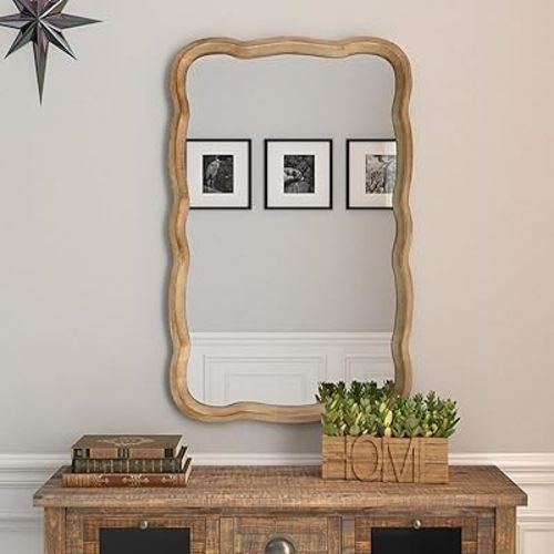 Curved Wood Frame Accent Mirror, Farmhouse French Country Decorative Wall Mirror, Rectangle 23.5”L x 38”W, Natural