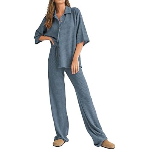 SHEWIN Women's 2 Piece Outfits Waffle Knit Lounge Sets Casual Short Sleeve Button Down Sleepwear Pajamas Set