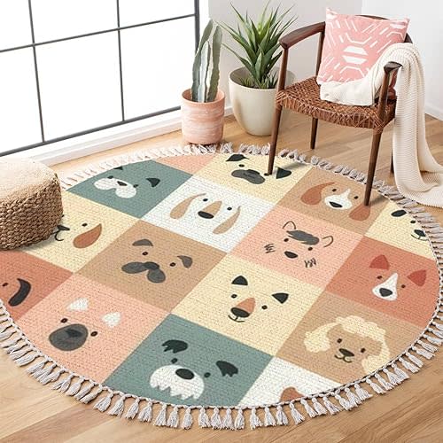 Round Boho Rug Cute Dogs for Kids and Baby Animals Nursery Poster for Greeting Cards Area Rug Linen Rug Carpet Patio Rug 4 ft