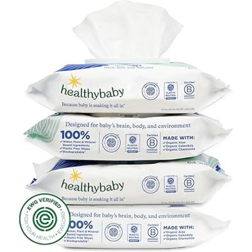 HealthyBaby Our Wet Wipes | EWG Verified Safe | 100% Water & Plant Based | Unscented & Safe for Sensitive Skin | Fragrance Free and Totally Chlorine Free (4 packs, 256 wipes)