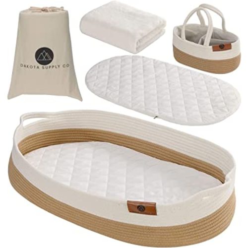 Baby Changing Basket, Moses Diaper Bassinet with foam pad, 2 Waterproof Covers, Blanket, Diaper Caddy Storage Organizer, Table/Dresser/Nursery Topper, Portable Boho Station for Tables, Woven Rope Tray