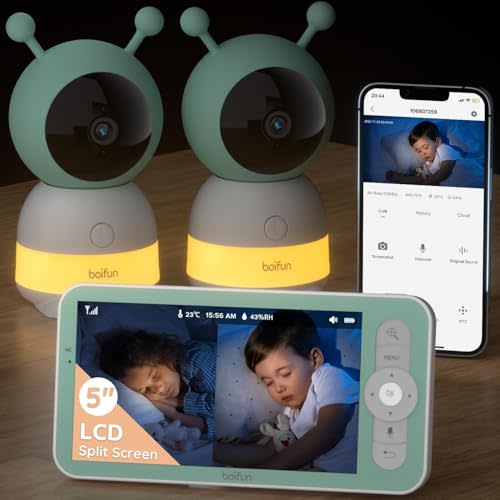 BOIFUN 2024 5" Split-Screen Baby Monitor with 2 Cameras, 2K WiFi Baby Monitor Via Screen & App Control, Record & Playback, Temper &Humidity Sensor, Night Vision, 2-Way Talk, Cry & Motion Detection