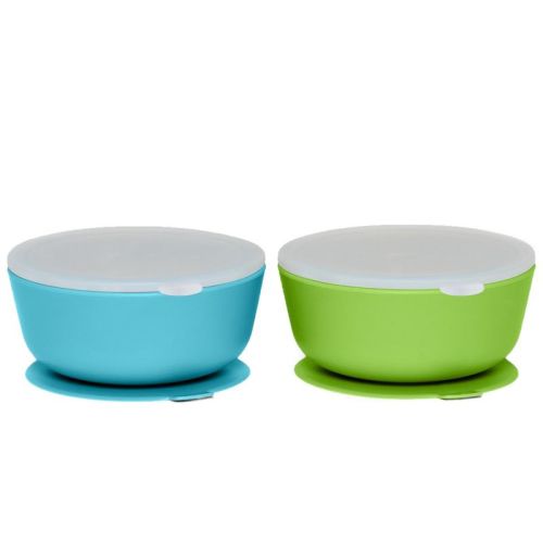 Weesprout Suction Bowls for Baby & Toddlers, 100% Silicone with Plastic Lid, 12 oz - Muted Blue + Muted Pink, Set of 2