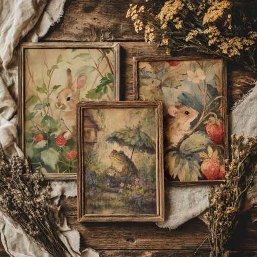 Set of 3 Wild Garden Tales Prints | Woodland Nursery Wall Art, Cottagecore Decor, Vintage Animal Paintings, Rustic Kitchen Gallery Wall