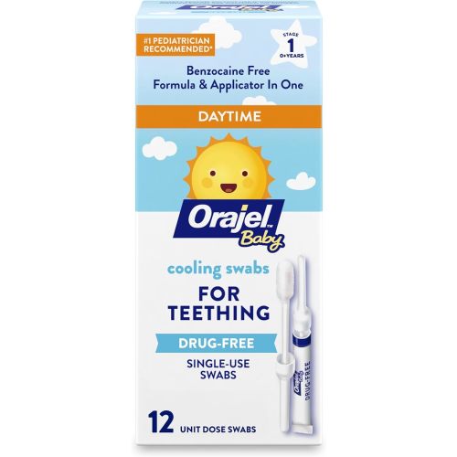 Orajel Baby Daytime Cooling Swabs for Teething, Drug-Free, 1 Pediatrician Recommended Brand for Teething*, 12 Swabs (Packing May Vary)