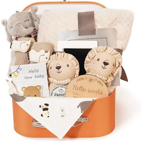 Baby Gift Set for Newborn - 11PCS Baby Shower Gifts Basket with Baby Blanket Baby Rattle, Wooden Keepsake Milestone Elephant Toy Decision Coin & Baby Bibs Socks Essentials for Baby Girls Boys