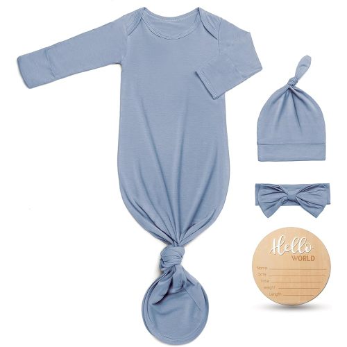 Amazon.com: Hello World Newborn Knotted Gown 0-3 Months, Coming Home Outfit Baby Bamboo Viscose Sleeper with Hat,Headband,Wooden Sign (Sea Blue, Newborn): Clothing, Shoes & Jewelry