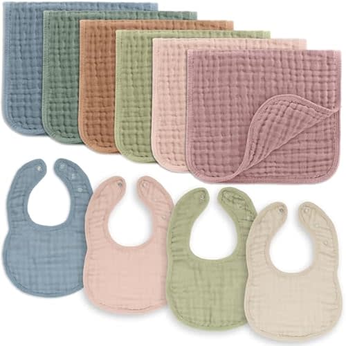 Comfy Cubs Baby Bibs & Burp Cloths Set Large - 6 Pack Muslin Burp Cloths & 4 Pack Muslin Bibs, Multicolor - Muslin Cotton Burp Bibs - Baby Essentials 6 Layers Extra Absorbent and Soft Boys & Girls