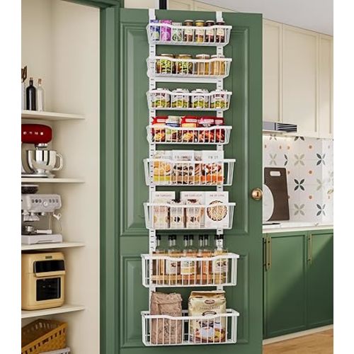 Over The Door Organizer,8-Tier Over The Door Pantry Organizer with Adjustable Baskets,Metal Hanging Pantry Organizers and Storage for Kitchen, Back of Door Seasoning Rack (White)