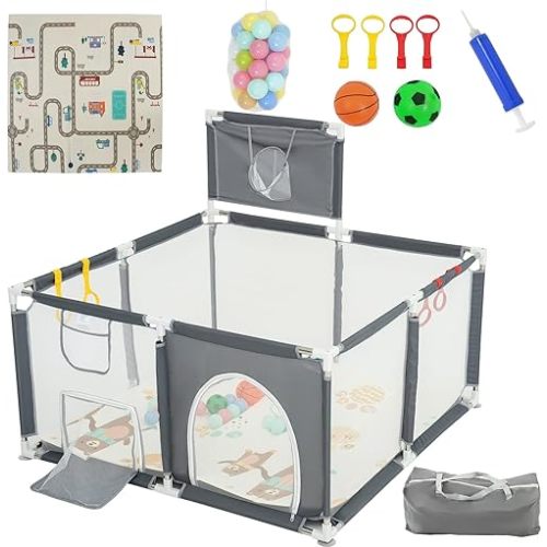 Baby Playpen with Mat - Play Pen for Babies and Toddlers with Balls - Playards with Mat and Accessories - Sport Playpen - Discover Your Child's Talents