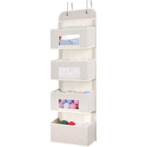 4-Shelf Over The Door Hanging Organizer with 2 Metal Hooks,4 Pocket Swing-Proof Behind Door Organizers with Clear Windows for Nursery Bathroom Closet,Bedroom,Dorm,Baby Diapers,Kids Toys (Beige)