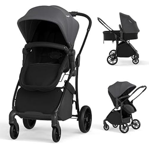 BABY JOY 2 in 1 Baby Stroller, High Landscape Convertible Bassinet Stroller with Reversible Seat, Adjustable Backrest & Canopy, Foldable Pushchair Pram Stroller for Newborn Toddler 0-36 Months (Gray)