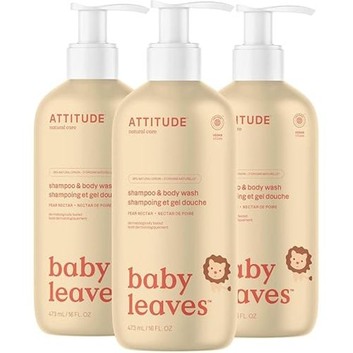 ATTITUDE Baby 2-in-1 Shampoo and Body Wash, EWG Verified, Dermatologically Tested, Vegan, Pear Nectar, 16 Fl Oz (Pack of 3)