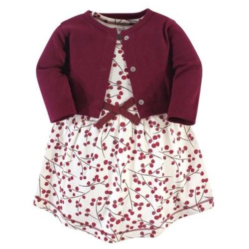 Touched by Nature Baby and Toddler Girl Organic Cotton Dress and Cardigan 2pc Set, Berry Branch, 3-6 Months