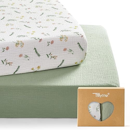 TILLYOU 2 Pack Muslin Crib Sheets for Boys and Girls, 100% Cotton Fitted Crib Sheet for Toddler 52"x28" Standard Crib Mattress, Daisy
