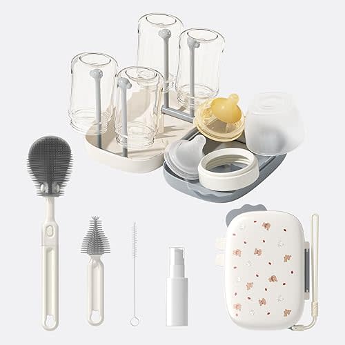 TPE & Silicone Travel Baby Bottle Cleaning Kit, 6-in-1 Baby Bottle Cleaner Brush Set with Breast Pump Cleaning, Nipple Brush, Straw Brush, Soap Dispenser, Portable Drying Rack, Baby Travel Essential