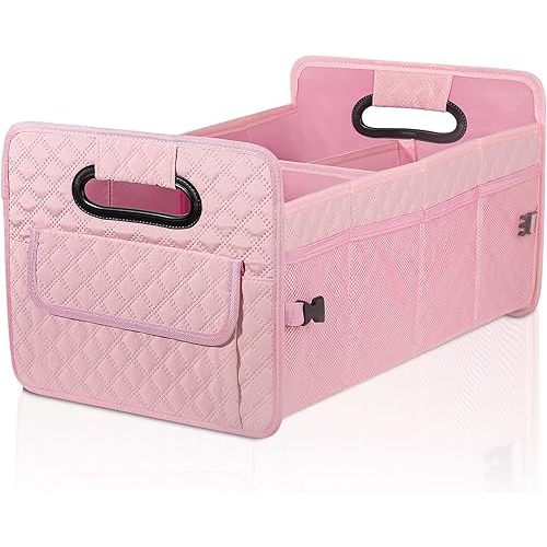 JiatuA Car Trunk Organizer for SUV, Car Storage Organizer Collapsible Multi Compartment Container Box Adjustable Car Accessories for Women Men, Pink