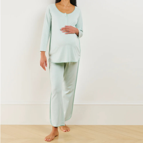 LAKE | Women | Pima Cotton Pajamas | Serene Blue Watercolor Stems Maternity Long Long Set
