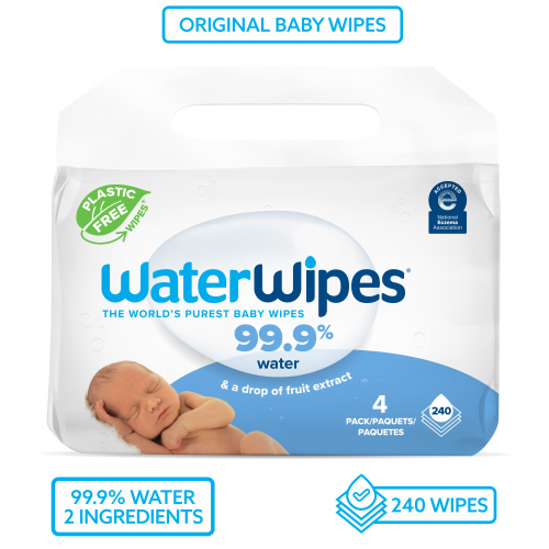 WaterWipes Plastic-Free Original 99.9% Water Based Baby Wipes, Fragrance-Free for Sensitive Skin, 240 Count (4 Packs)
