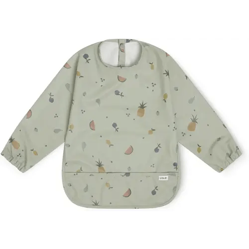Lalo Smock Bib - Long Sleeve Baby Bib, Elastic Cuffs for Comfort, Large Catch-All Pocket, Waterproof Recycled Polyester - Durable Baby Smock Bib for Mealtime - Ages 6-24 Mo. - Fruit Print Sage