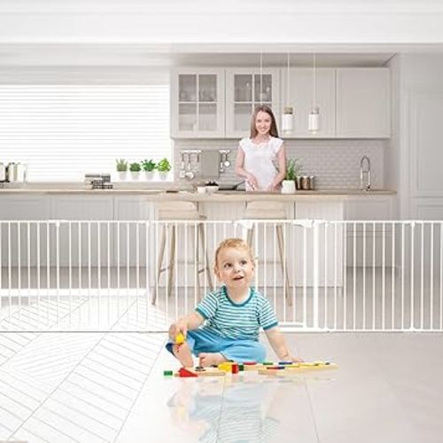 Extra Wide Baby Gate for Playpen and Play Area - 35-205” Baby Fence for Infant and Toddler with Auto-Close Double Locking Door for Living Room Fireplace Kitchen, Foldable 8 Steel Panels, 23.5" Height