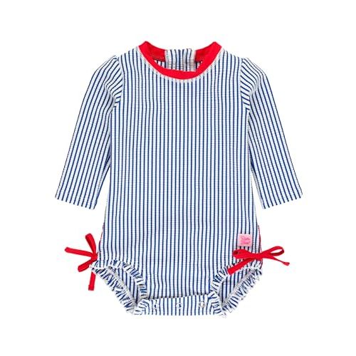 RuffleButts Baby/Toddler Girls Seersucker Long Sleeve One Piece Rash Guard Swimsuit with UPF 50+ Sun Protection