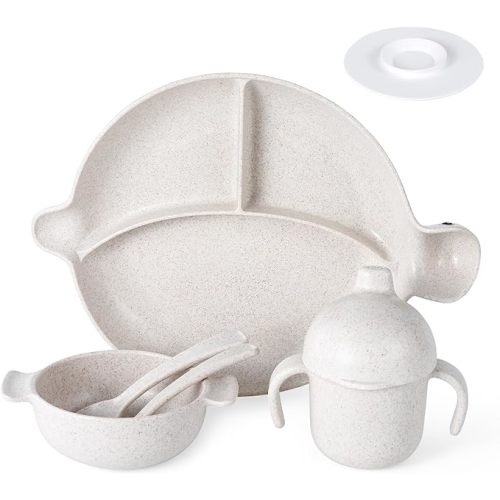 MISS BIG Baby Feeding Set,Toddler Plates with Suction,7Pcs Baby Led Weaning Supplies,Bowl,Cup,Spoon,Fork,Dishwasher Safe & Microwave Safe,No BPAs & No Chemical Dyes Kids Plates and Bowls Set