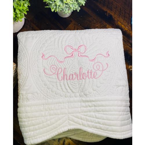 Custom Embroidered Heirloom Quilt, Personalized Name Throw Blanket, Baby Shower Gift, Newborn New Baby Gift, Girl Nursery Bedding Pink Bow
