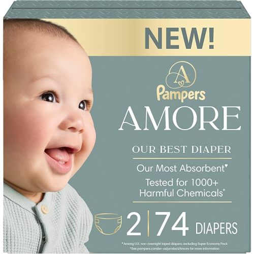 Pampers Amore, Size 2 (10-22 lbs), 74 Count, Our Best Diaper – Hypoallergenic & Fragrance Free, Up to 100% Leakproof, Soft as Cashmere