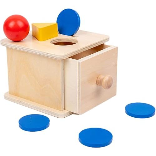 Adena Montessori Coin Box,3 in 1 Object Permanence Box Toys for 1 Year Old Baby Coins,Wooden Montessori Ball Drop Toys Developmental Toys for 6-12 Month Infant Toys,Triangle Ball Round Shapes