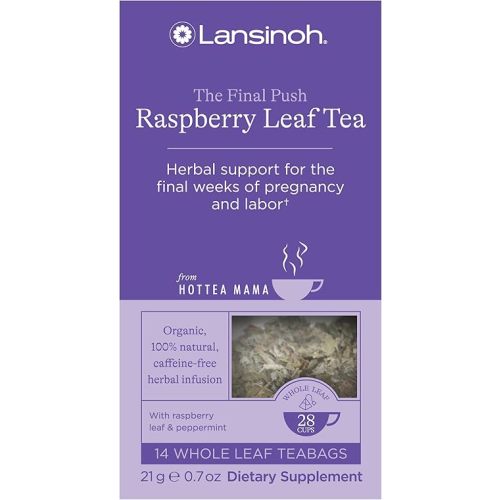 Lansinoh + HotTea Mama Final Push Tea, Red Raspberry Leaf Tea for Labor and Delivery Prep, Raspberry Leaf Tea with Peppermint, Caffeine-free, Sugar-Free, Pregnancy Must Haves, Includes 14 Tea Sachets