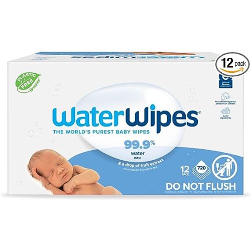 WaterWipes Plastic-Free Original Baby Wipes, 99.9% Water Based Wipes, Unscented & Hypoallergenic for Sensitive Skin, 60 Count (Pack of 12), Packaging May Vary