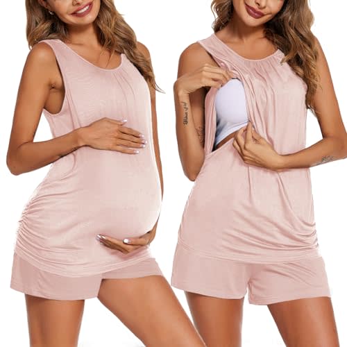 Ekouaer Women Maternity Nursing Pajama Set Breastfeeding Double Layer Pregnancy Pjs Set Sleeveless Top & Shorts with Pockets