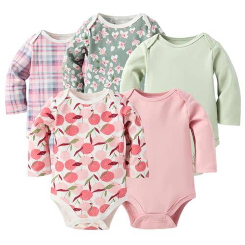 Baby Girls Long-Sleeve Bodysuit,100% Cotton 5 Pack One-Piece Baby Clothes,0-24 Months Soft Baby Girls Rompers