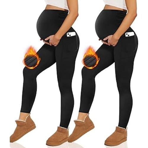Happy.angel 2 Pack Maternity Fleece Lined Leggings Over The Belly, Womens Black Workout Yoga Pregnancy Pants with Pockets