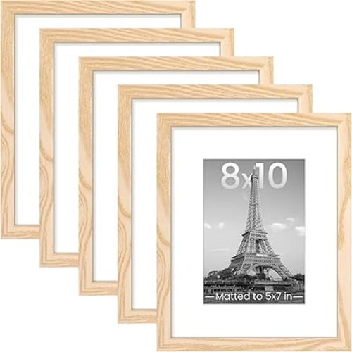upsimples 8x10 Picture Frame Set of 5, Display Pictures 5x7 with Mat or 8x10 Without Mat, Wall Gallery Photo Frames, Natural