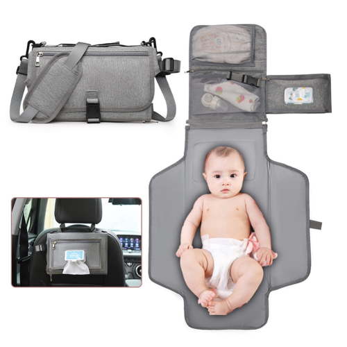 HBASD Portable Diaper Changing Pad - Baby Diaper Changer Travel Bag with Wipes Pocket, Smart Design Portable Changing Mat, Infant Travel Station Kit, Gift for Newborn (Light Grey)