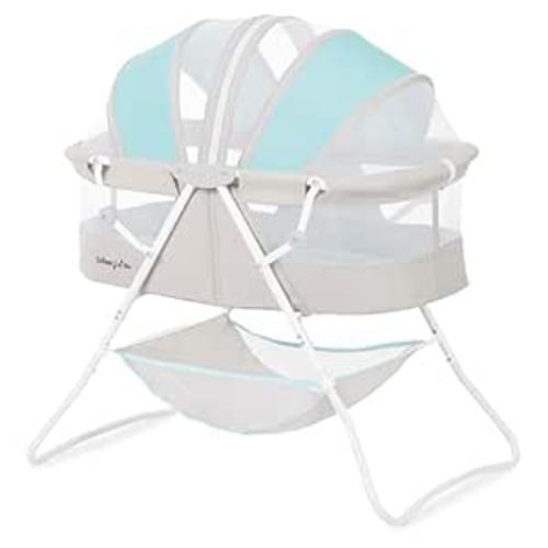 Dream On Me Karley Bassinet, Award Winner Lightweight Travel Baby Bassinet, Foldable Bedside Sleeper, Adjustable Double Canopy, Spacious Design, Soft Fabric, Storage Basket – Blue and Grey