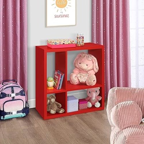 KB Designs - Katelyn Red 4-Cube Open Bookcase, Kids Toy Storage Shelf Organizer for Boys, Girls Playroom/Bedroom