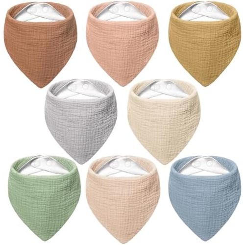 Bearmoss Muslin Baby Bibs 8 Pack Soft Bandana Bibs for Drooling & Teething, Absorbent Burp Cloths with Adjustable Snaps